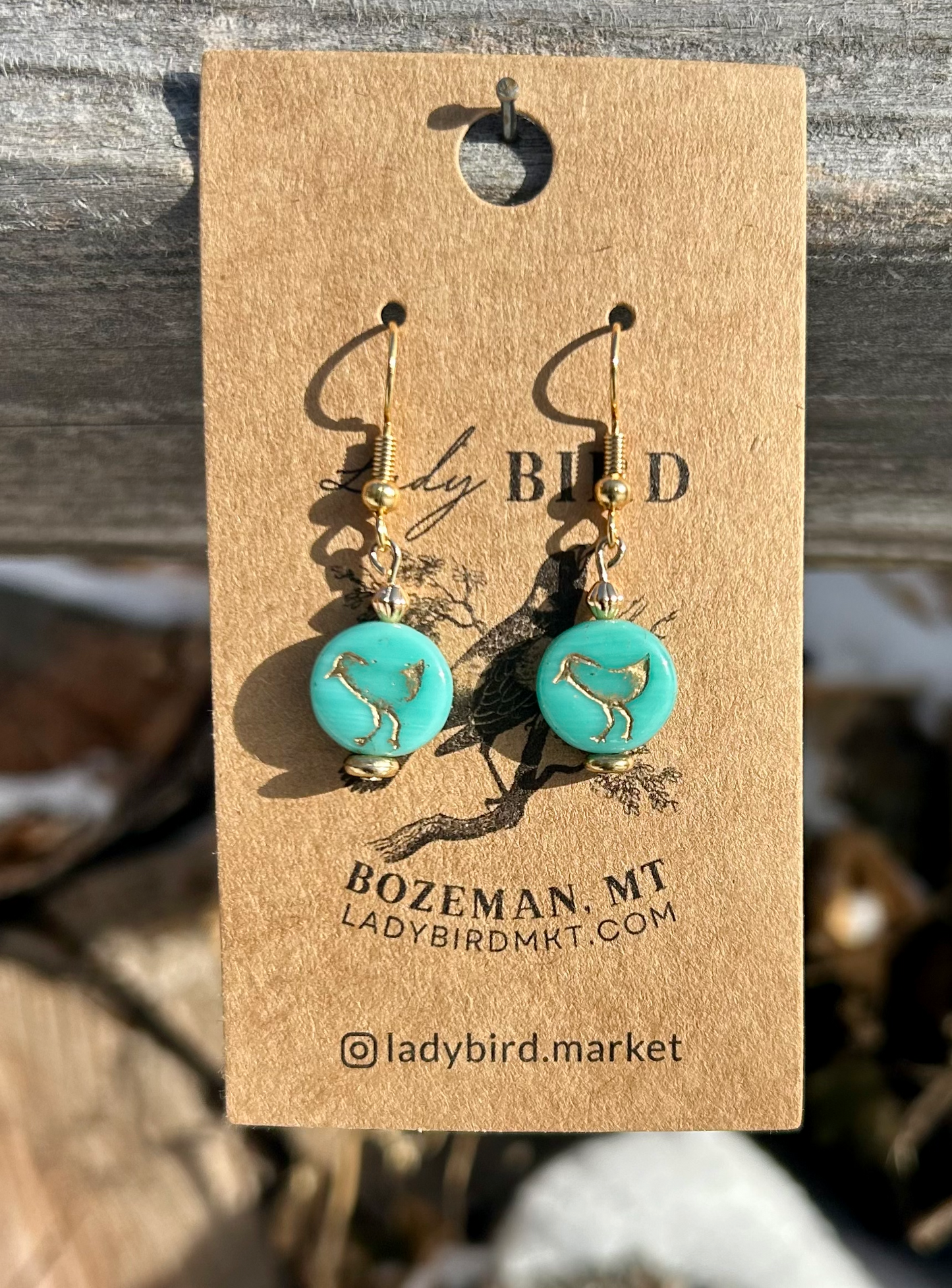 Turquoise Blue and Gold Etched Glass Birdy Earrings