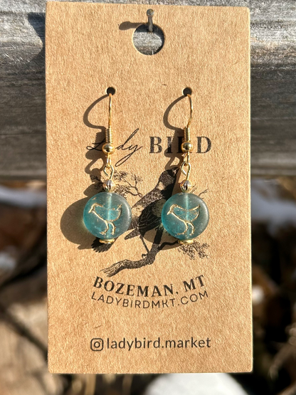 Translucent Sea Blue and Gold Etched Glass Birdy Earrings