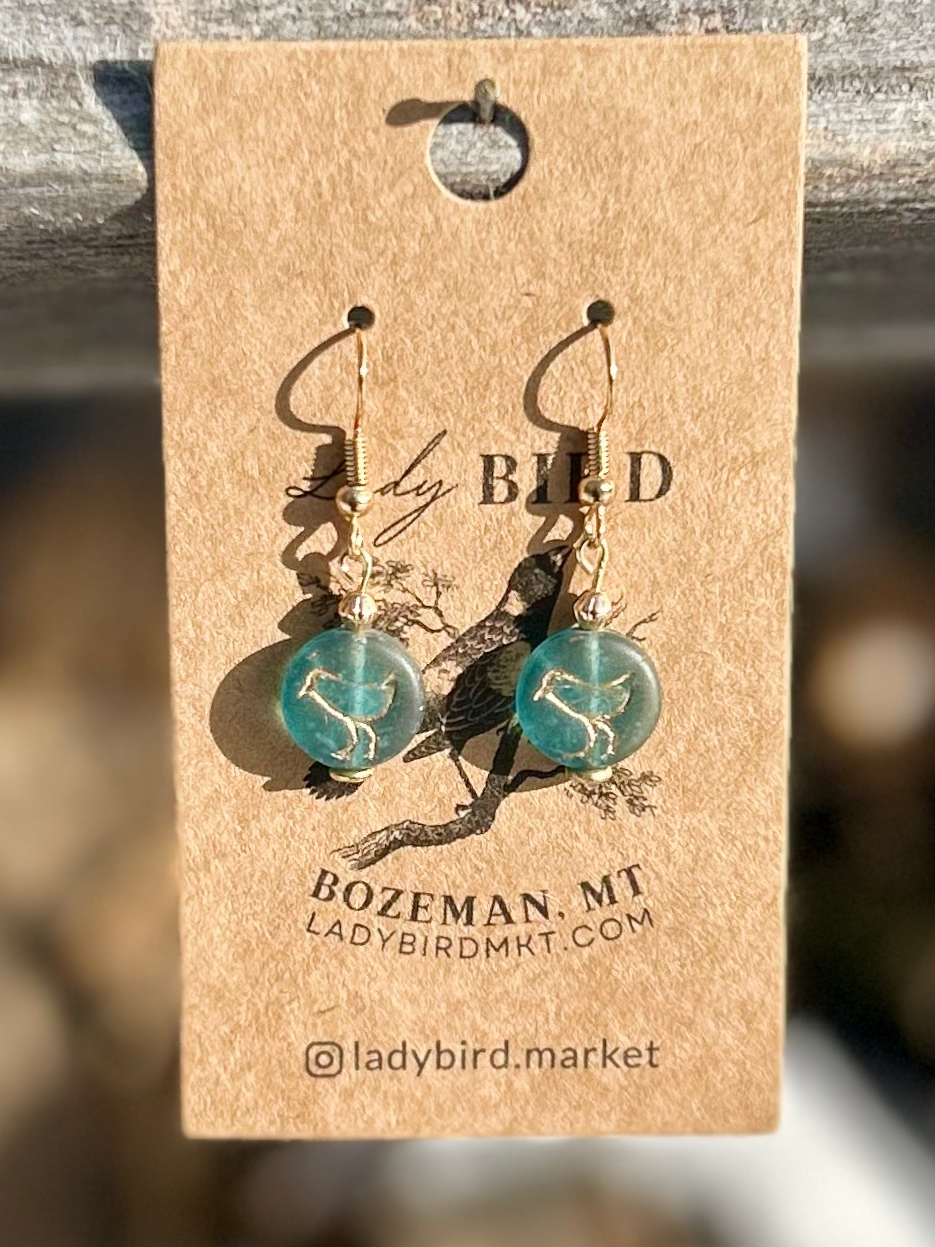 Translucent Turquoise Blue and Gold Etched Glass Birdy Earrings