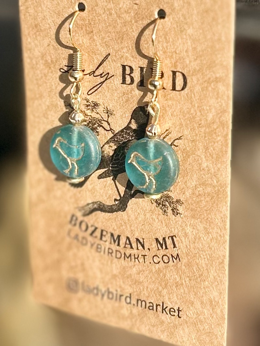 Translucent Turquoise Blue and Gold Etched Glass Birdy Earrings