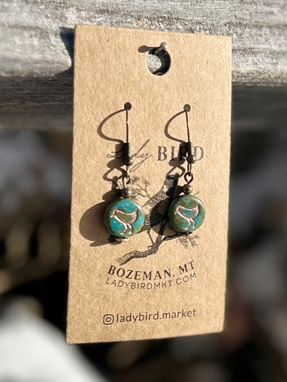 Speckled Turquoise and Copper Etched Glass Birdy Earrings
