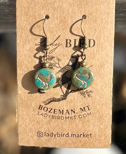 Speckled Turquoise and Copper Etched Glass Birdy Earrings