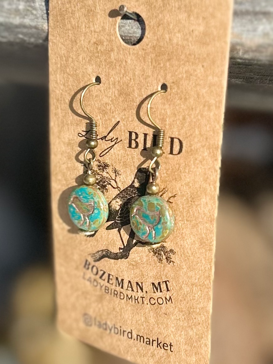 Speckled Turquoise and Copper Etched Glass Birdy Earrings