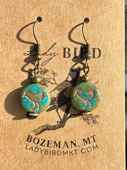Speckled Turquoise and Copper Etched Glass Birdy Earrings