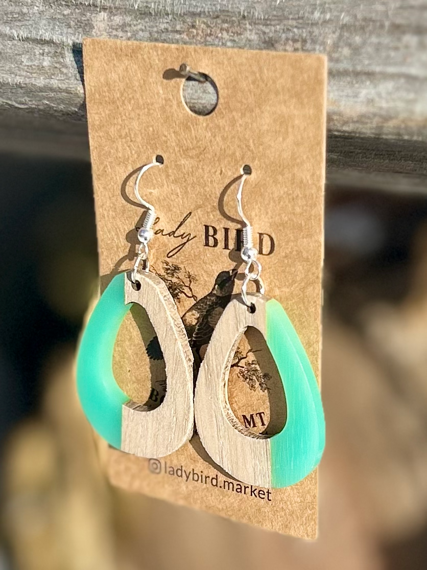 Walnut Wood & Turquoise Resin Oval Earrings