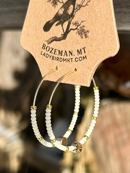 Creamy White & Gold Star Beaded Hoops