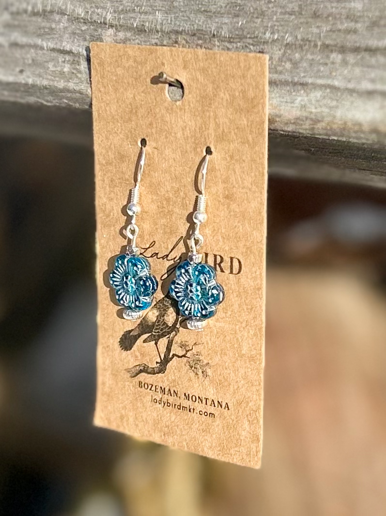 Translucent Capri Blue Silver Etched Wild Rose Flower Earrings
