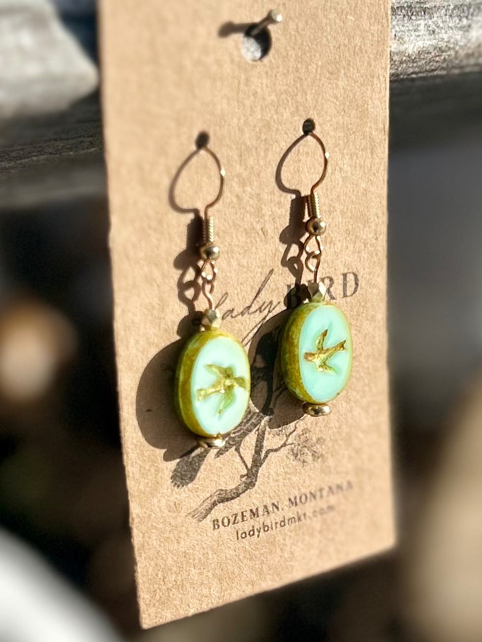Yellow & Turquoise Gold Etched Glass Oval Birdy Earrings