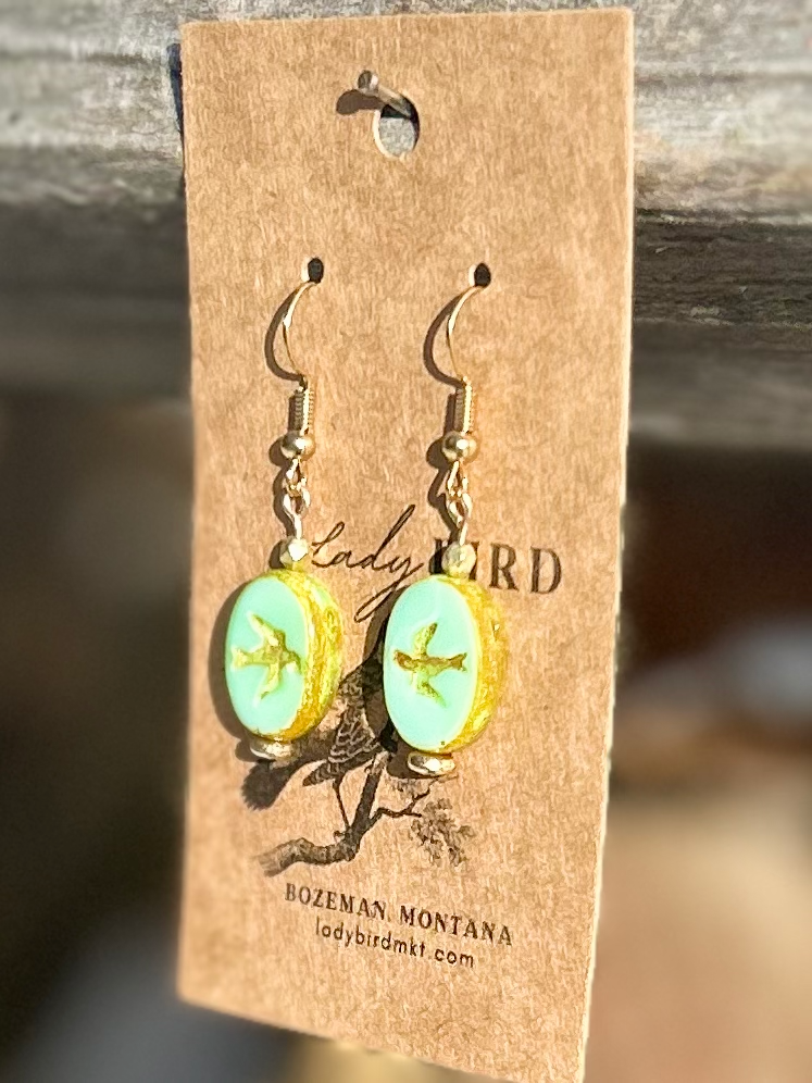 Yellow & Turquoise Gold Etched Glass Oval Birdy Earrings