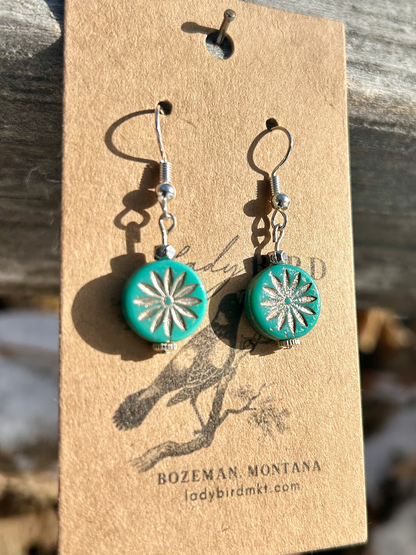 Turquoise & Silver Circle Etched Glass Star Earrings