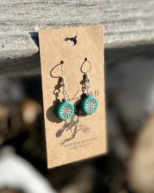 Turquoise & Platinum Daisy Etched Czech Glass Coin Dangle Earrings