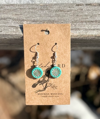 Turquoise & Silver Circle Etched Glass Star Earrings