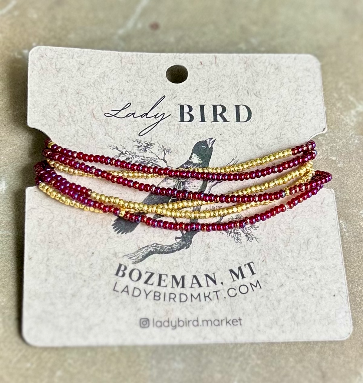 Shimmery Red & Gold Lined Combo Beaded 5-Wrap Bracelet