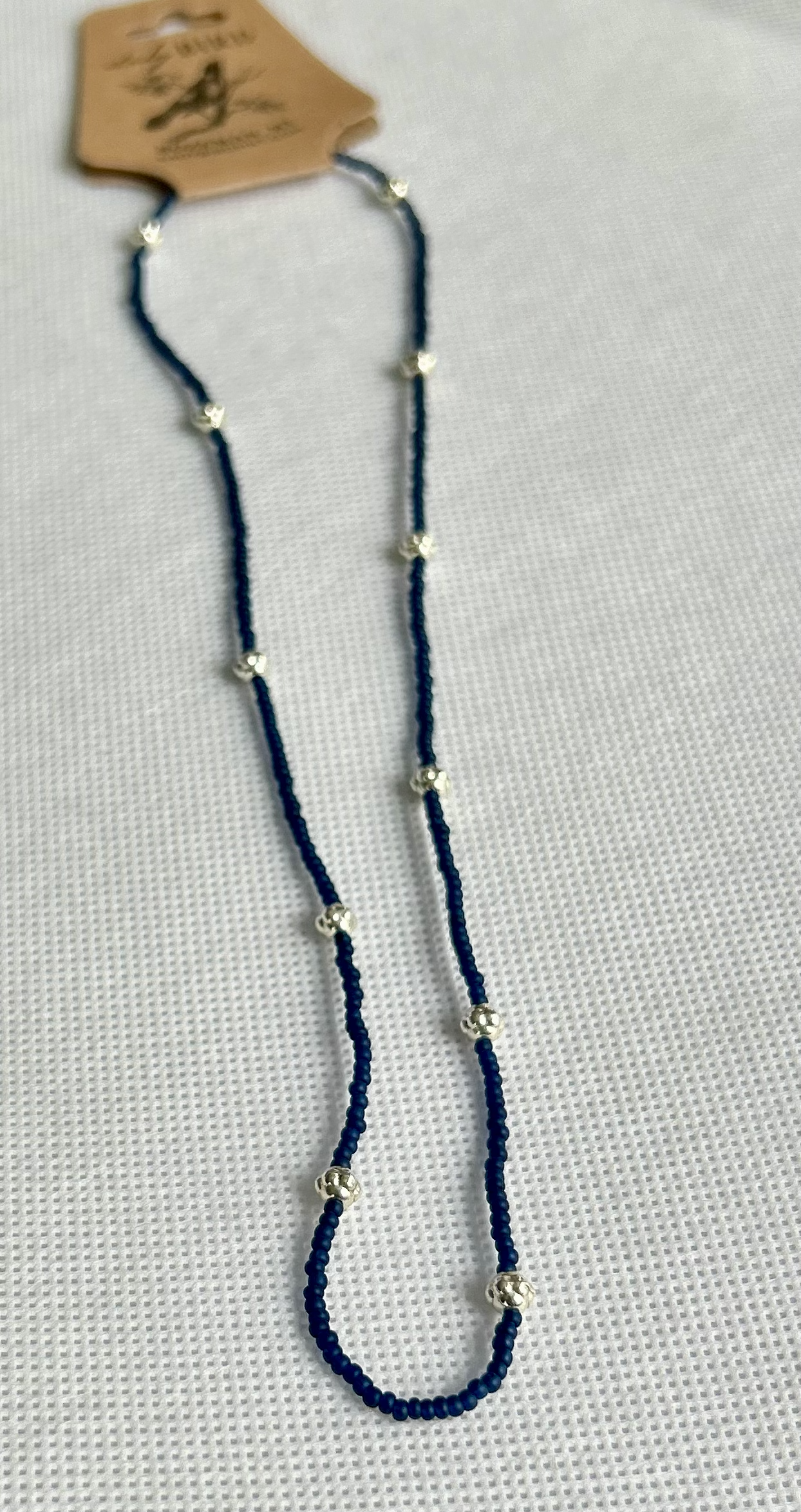 Navy Blue Seed Bead Stretchy Necklace with Chunky Silver Beads
