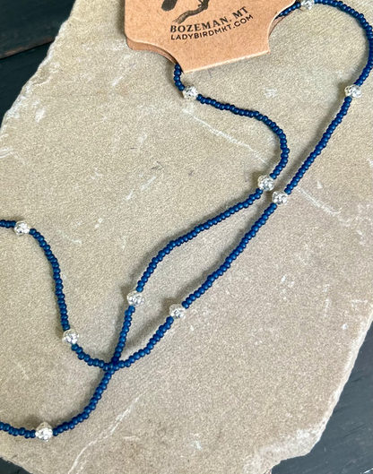 Simply Delicate Navy Blue Seed Bead Stretchy Necklace with Chunky Gold Beads