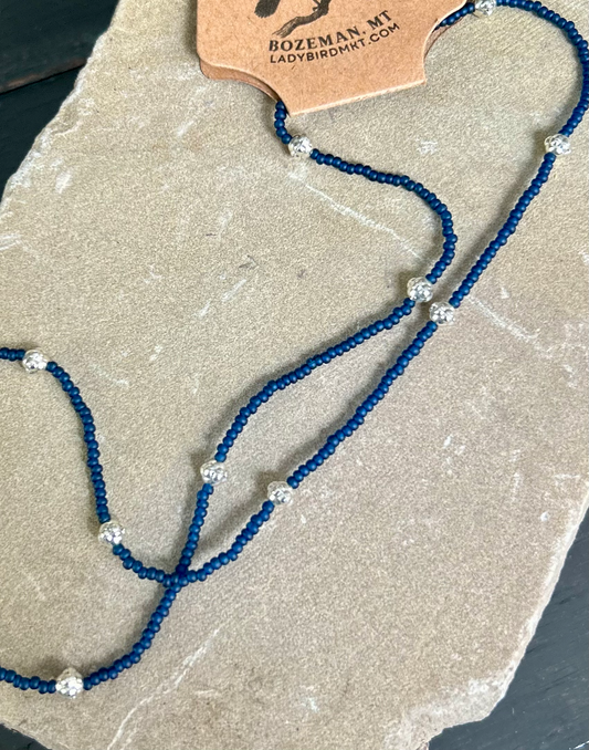 Simply Delicate Navy Blue Seed Bead Stretchy Necklace with Chunky Silver Beads