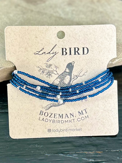 Navy Blue & Silver or Gold-Sprinkled Beaded 5-Wrap Boho Bracelet