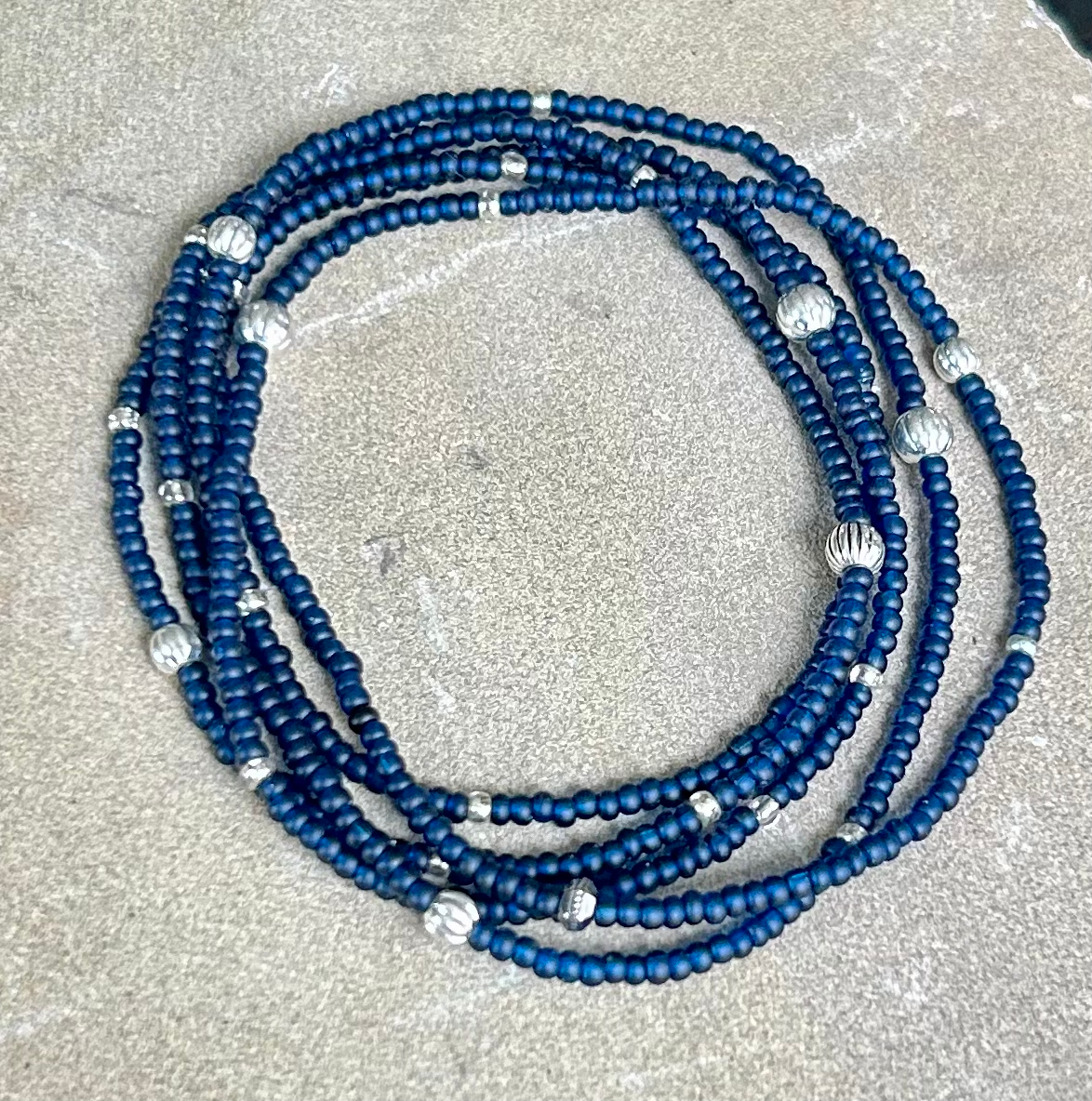 Navy Blue Silver-Sprinkled Beaded 5-Wrap Bracelet