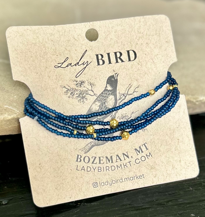 Navy Blue & Silver or Gold-Sprinkled Beaded 5-Wrap Boho Bracelet
