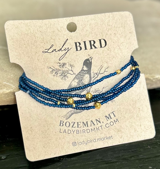 Navy Blue Gold-Sprinkled Beaded 5-Wrap Boho Bracelet