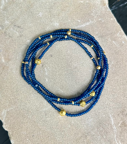 Navy Blue & Silver or Gold-Sprinkled Beaded 5-Wrap Boho Bracelet