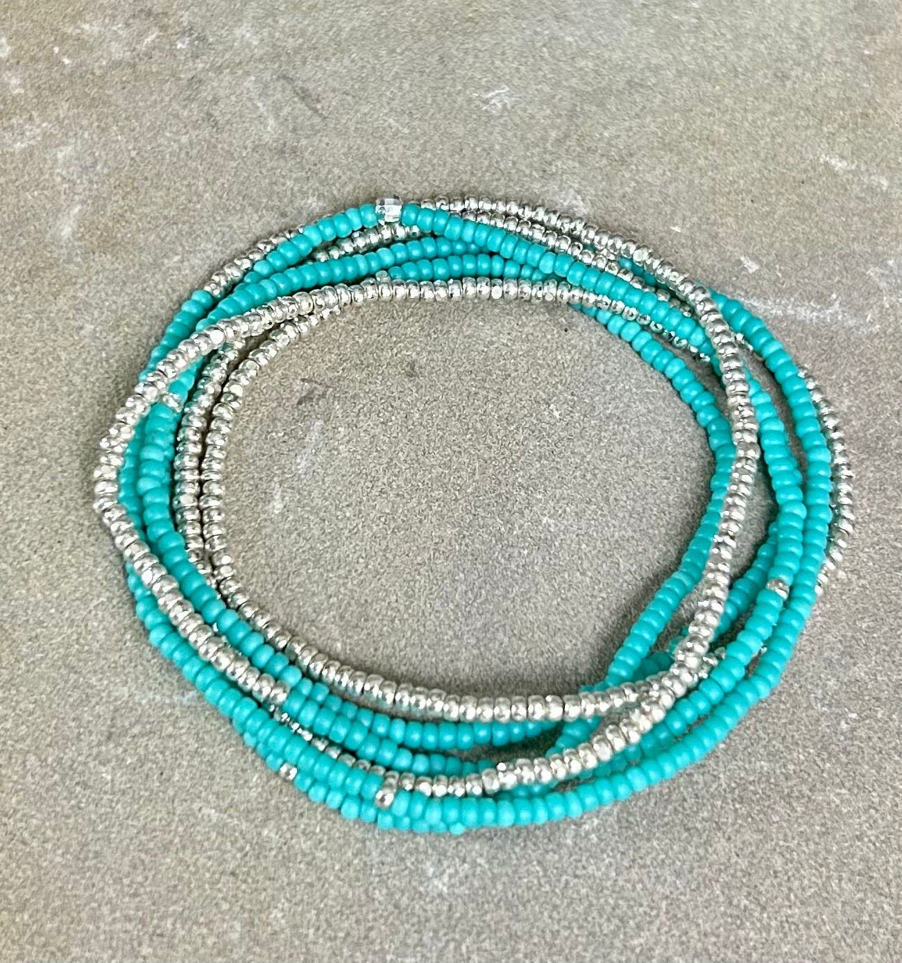 Turquoise & Silver Lined Combo Beaded 5-Wrap Bracelet