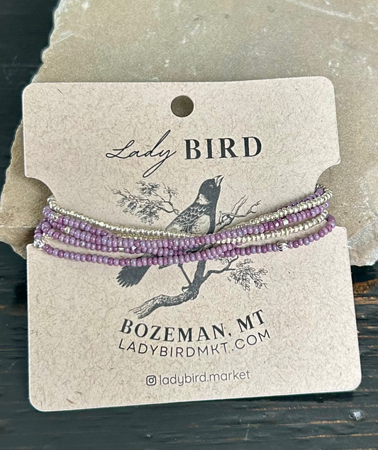 Purple & Silver Lined Combo Beaded 5-Wrap Bracelet