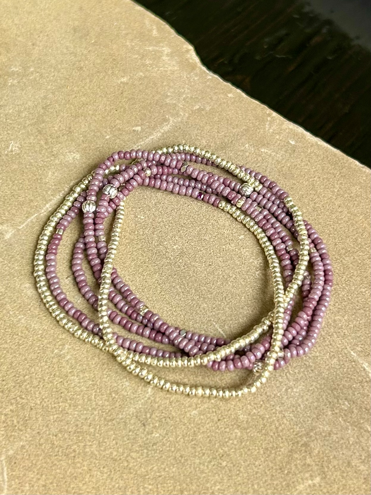 Purple & Silver Lined Combo Beaded 5-Wrap Bracelet