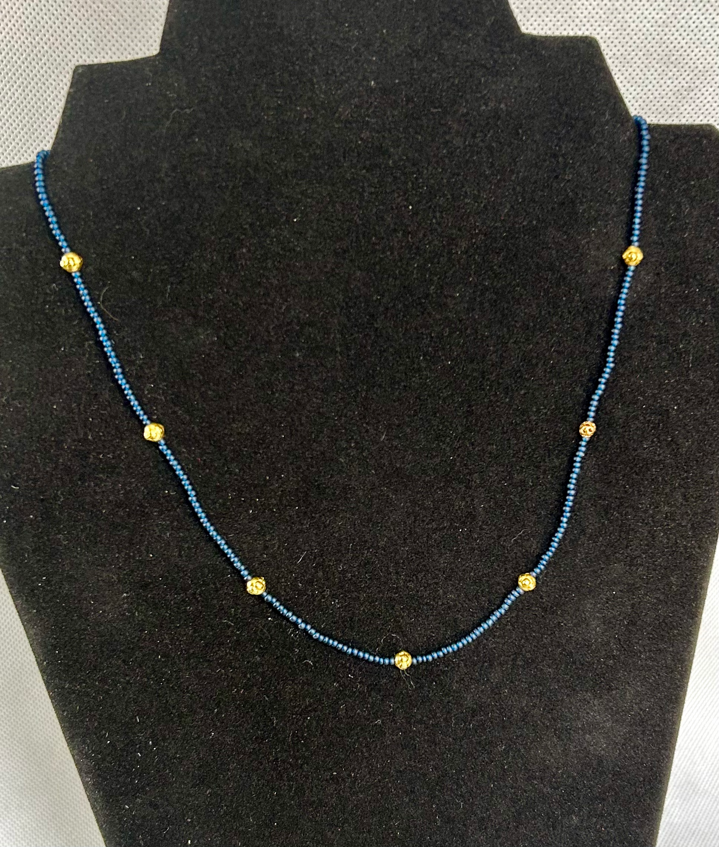 Navy Blue Seed Bead Stretchy Necklace with Chunky Gold Beads