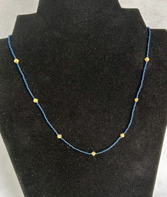 Simply Delicate Navy Blue Seed Bead Stretchy Necklace with Chunky Gold Beads