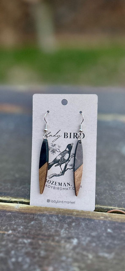 Walnut Wood & Black Resin Pointed Pendant Earrings