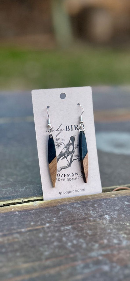 Walnut Wood & Black Resin Pointed Pendant Earrings