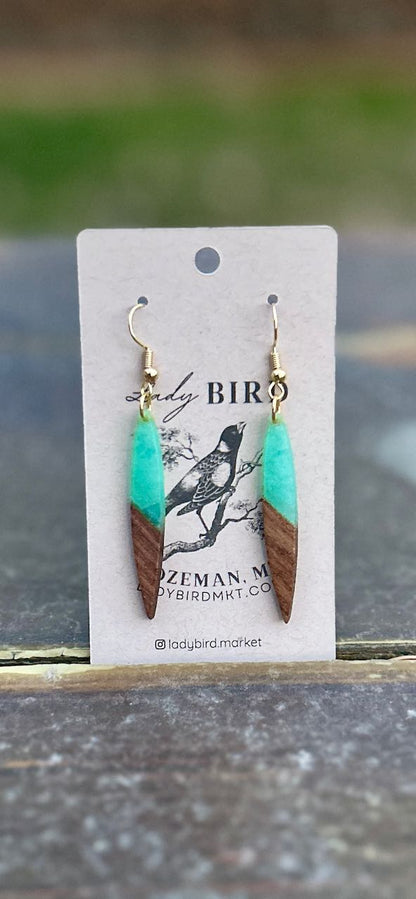 Walnut Wood & Turquoise Resin Pointed Pendant Earrings