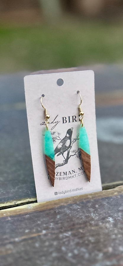 Walnut Wood & Turquoise Resin Pointed Pendant Earrings