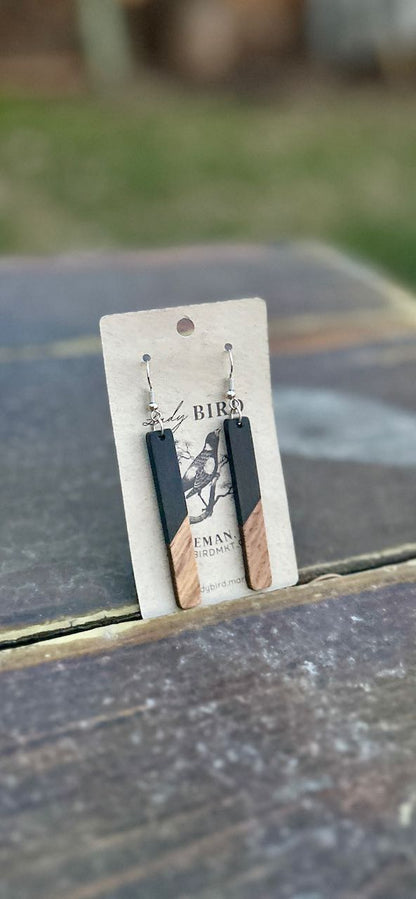 Walnut Wood & Black Resin Stick Pendant Earrings