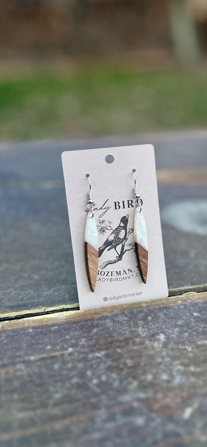 Walnut Wood & Marbled White Resin Pointed Pendant Earrings