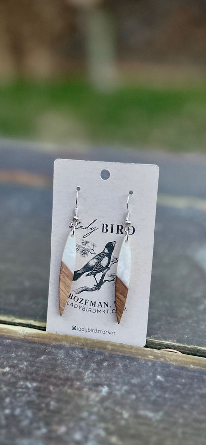 Walnut Wood & Marbled White Resin Pointed Pendant Earrings