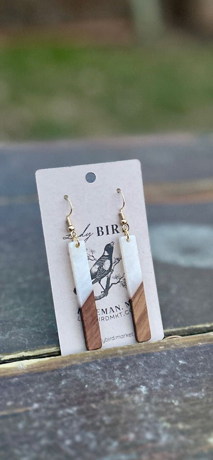Walnut Wood & Marbled White Resin Stick Pendant Earrings
