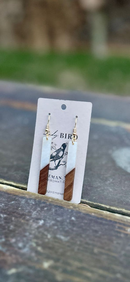 Walnut Wood & Marbled White Resin Stick Pendant Earrings