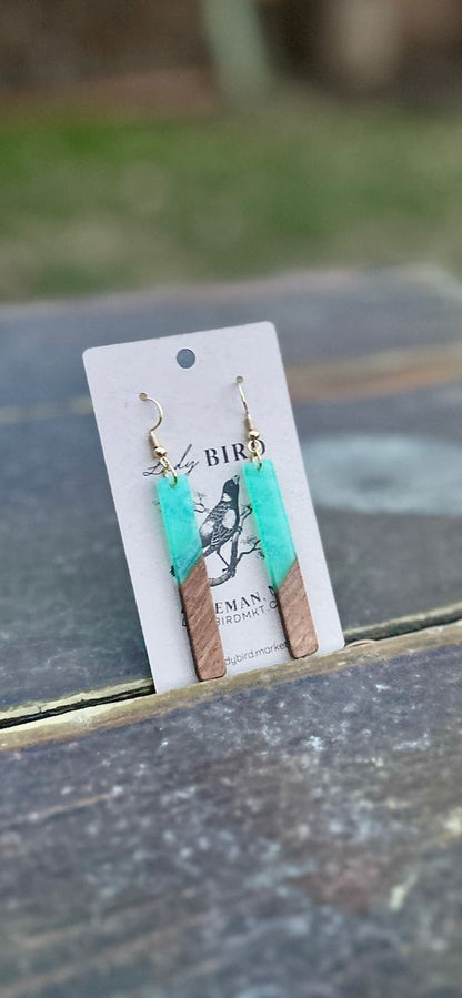 Walnut Wood & Turquoise Resin Stick Pendant Earrings