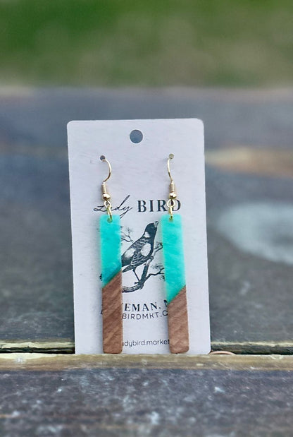 Walnut Wood & Turquoise Resin Stick Pendant Earrings