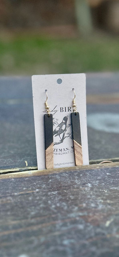 Walnut Wood & Black Resin Stick Pendant Earrings
