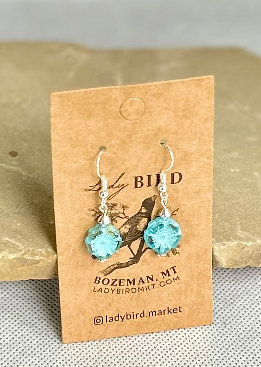 Rustic Light Blue Etched Hibiscus Flower Earrings