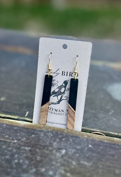 Walnut Wood & Black Resin Stick Pendant Earrings