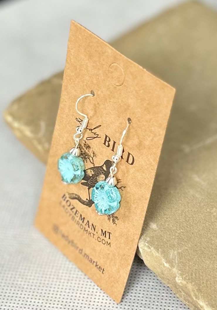 Rustic Light Blue Etched Wild Rose Flower Earrings