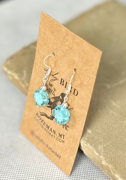 Rustic Light Blue Etched Hibiscus Flower Earrings