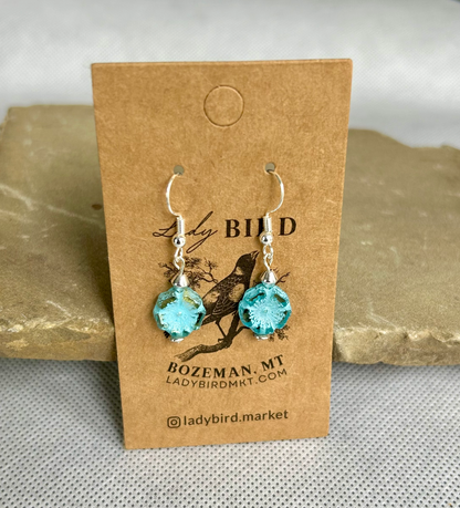 Rustic Light Blue Etched Hibiscus Flower Earrings