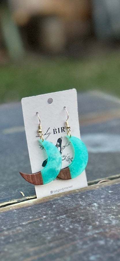 Crescent Moon Walnut Wood & Turquoise Resin Pendant Earrings