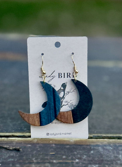 Crescent Moon Walnut Wood & Black Resin Pendant Earrings