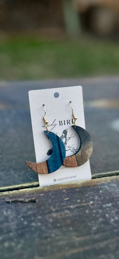 Crescent Moon Walnut Wood & Black Resin Pendant Earrings